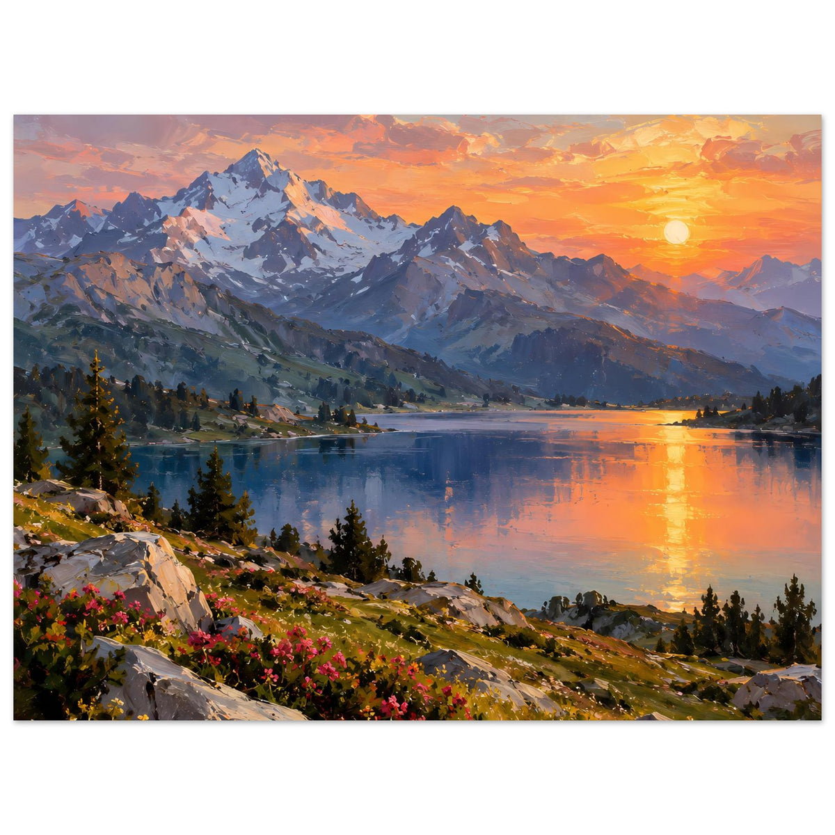 Poster mit Bergsee im Sonnenuntergang, spiegelnde Wasserfarben, Bergmassiv und Tannen am Rand