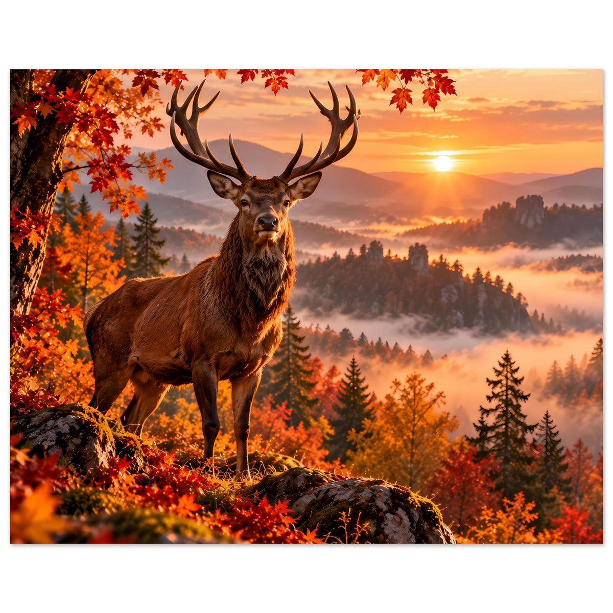 Herbstliches Hirschposter: brauner Hirsch mit Geweih, warmes Licht über Wald und Nebel im Hintergrund