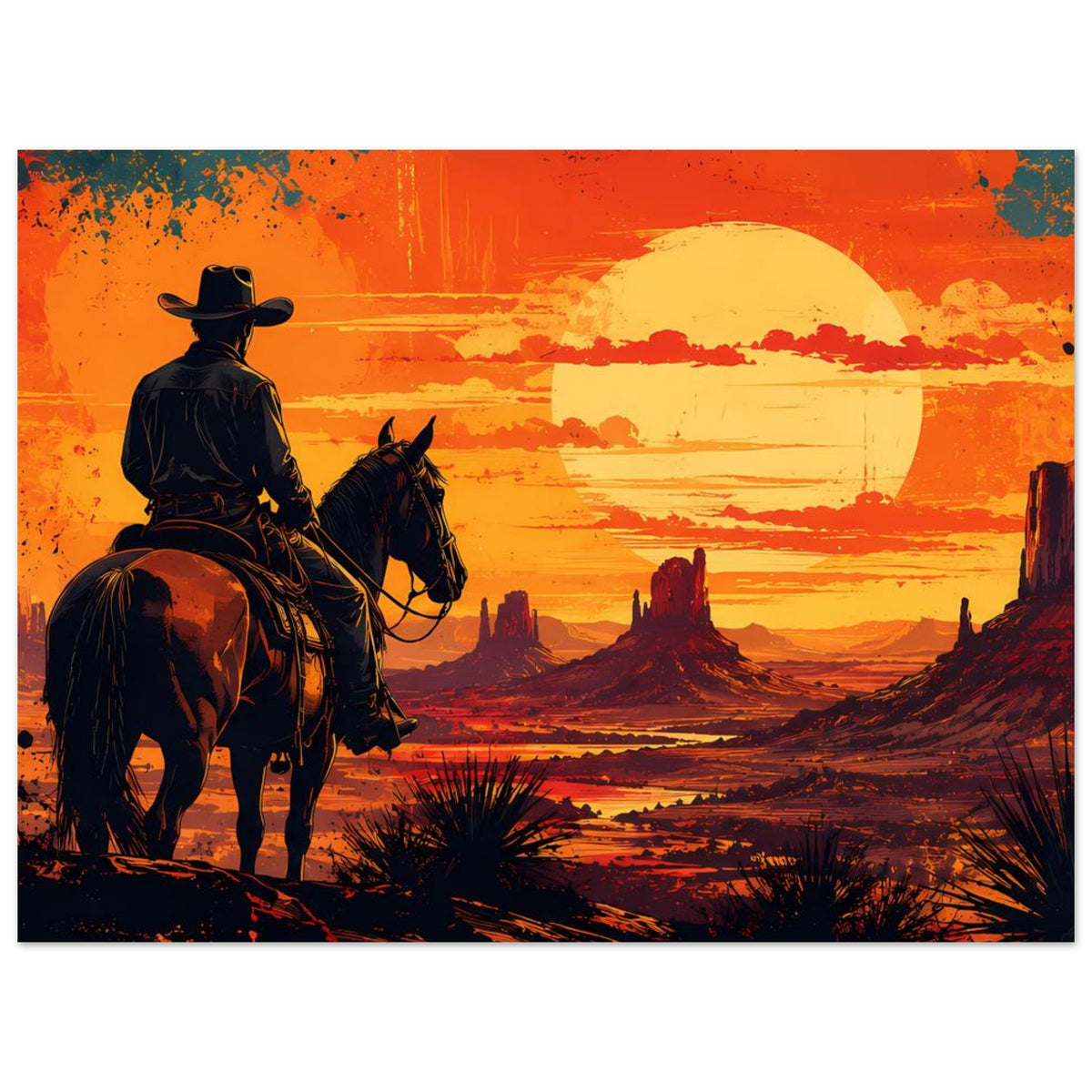 Cowboy-Poster: Reiter mit Pferd, große gelbe Sonne, kräftige Orange- und Blautöne