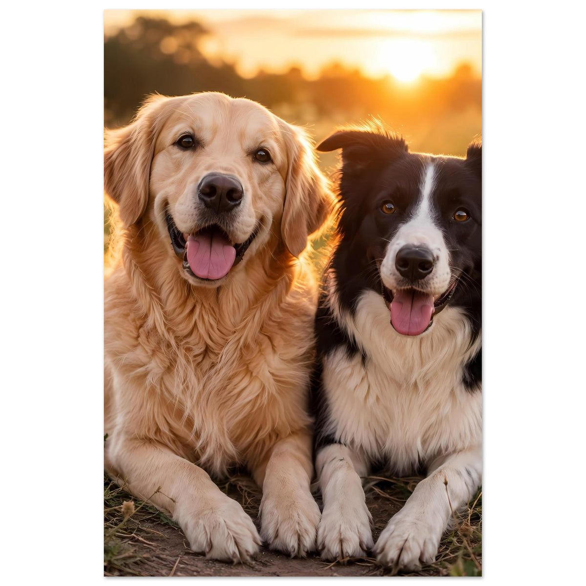 Poster (Hochformat) mit Hunde-Porträt: goldener und schwarzer Hund, Gesichter nah beieinander