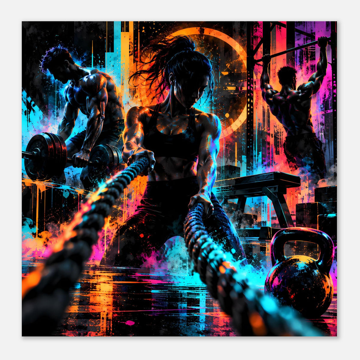 Neon-Fitnessposter im Querformat mit Sportlerin, Hanteln und Kettlebell in leuchtenden Farben.