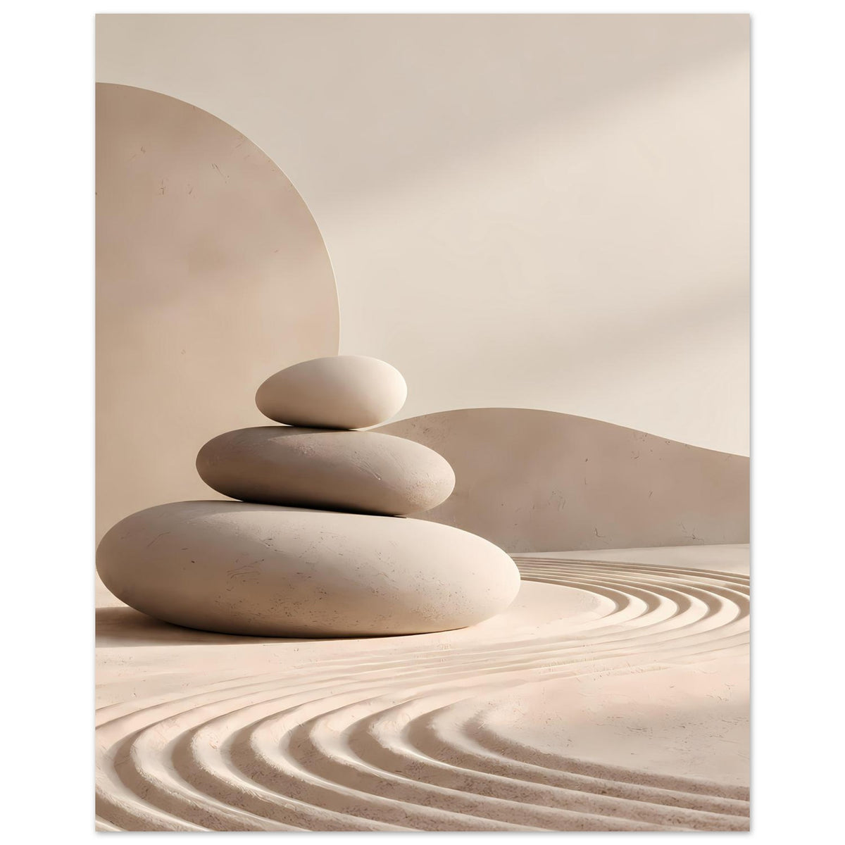 Minimalistisches Poster mit Steinstapel vor sanften Kurvenflächen, in Beige und Grau