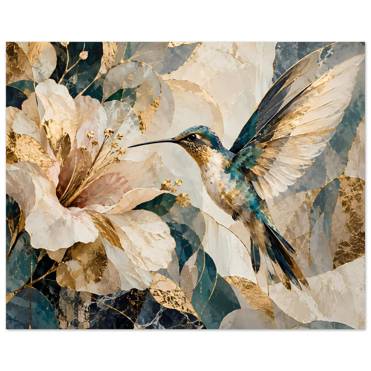 Wandposter mit Kolibri und weißen Blumenblüten, Blau-Beige-Gold, quer