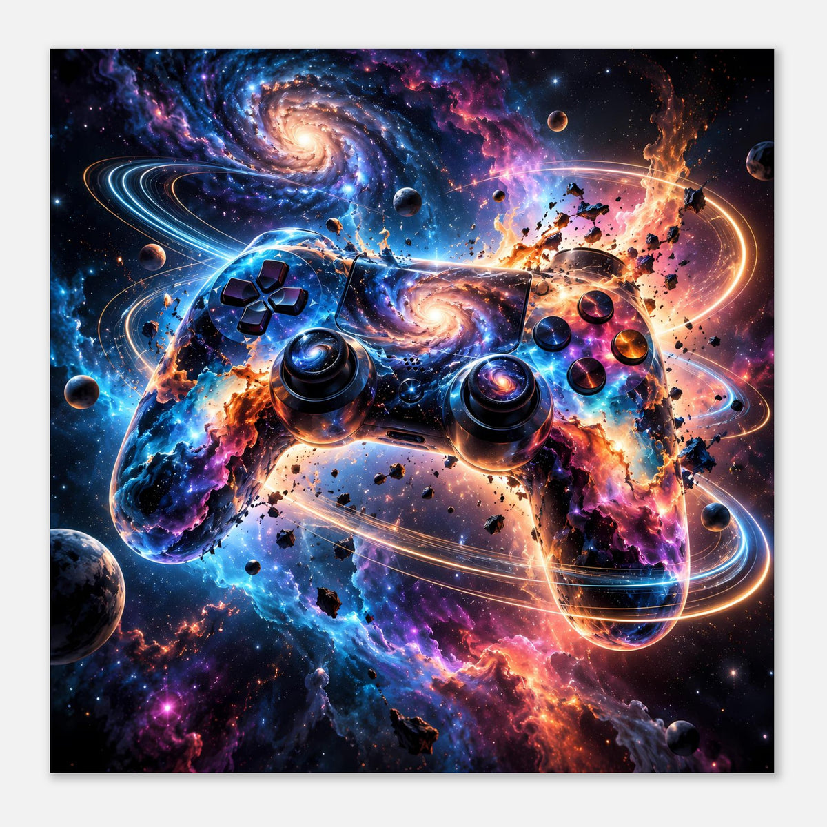 Gaming-Poster mit Galaxie-Controller, leuchtende Orbits, Sterne und bunte Nebel