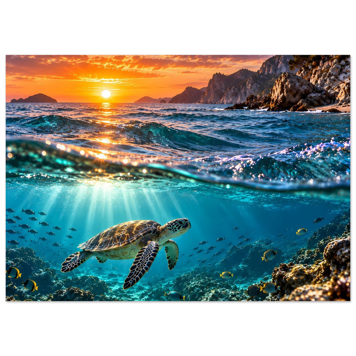 Schildkröten-Wandposter mit Meerblick: Meeresschildkröte über Korallen und Fischschwarm
