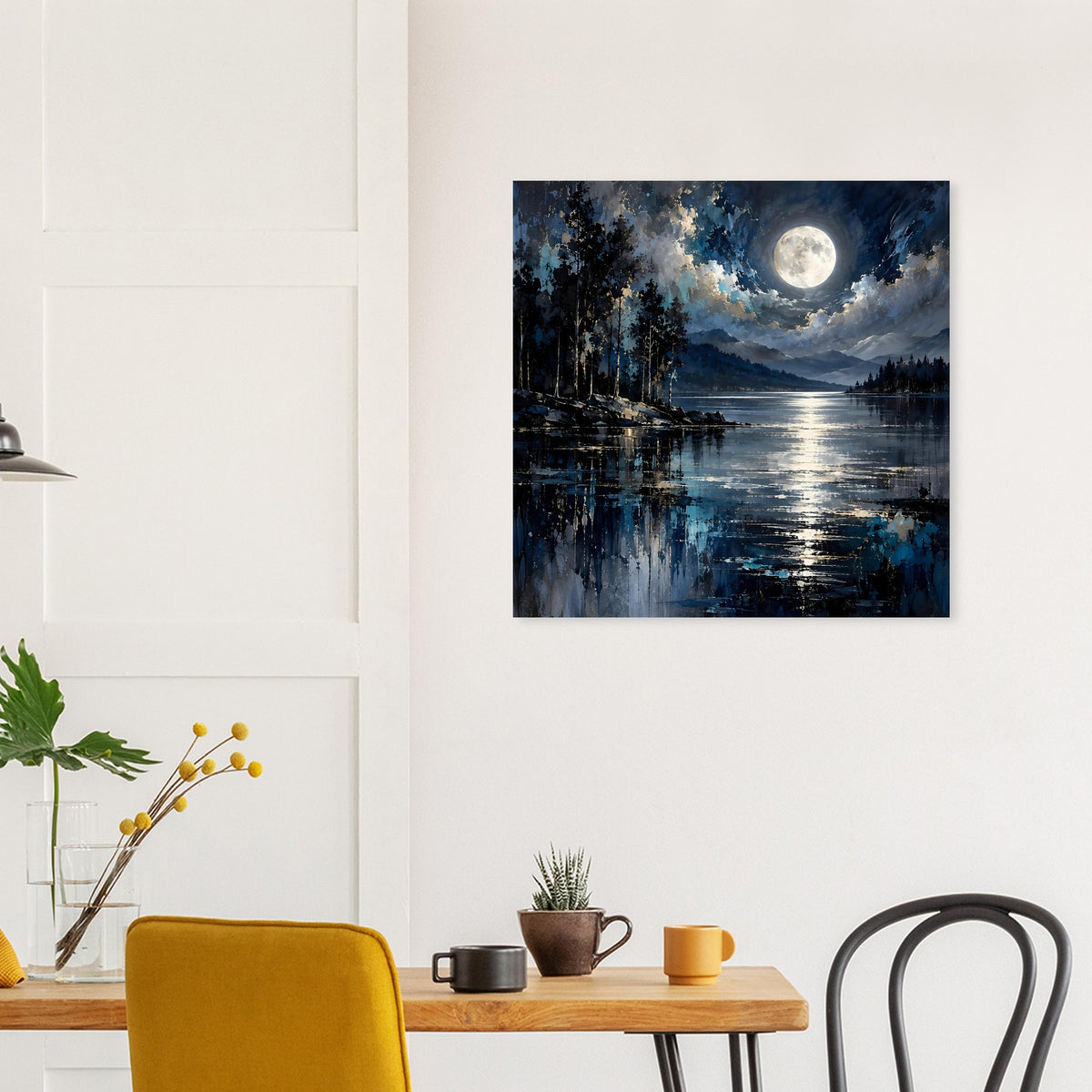 Quadratisches Landschaftsposter mit Mond über ruhigem See, blau-schwarze Reflexionen.