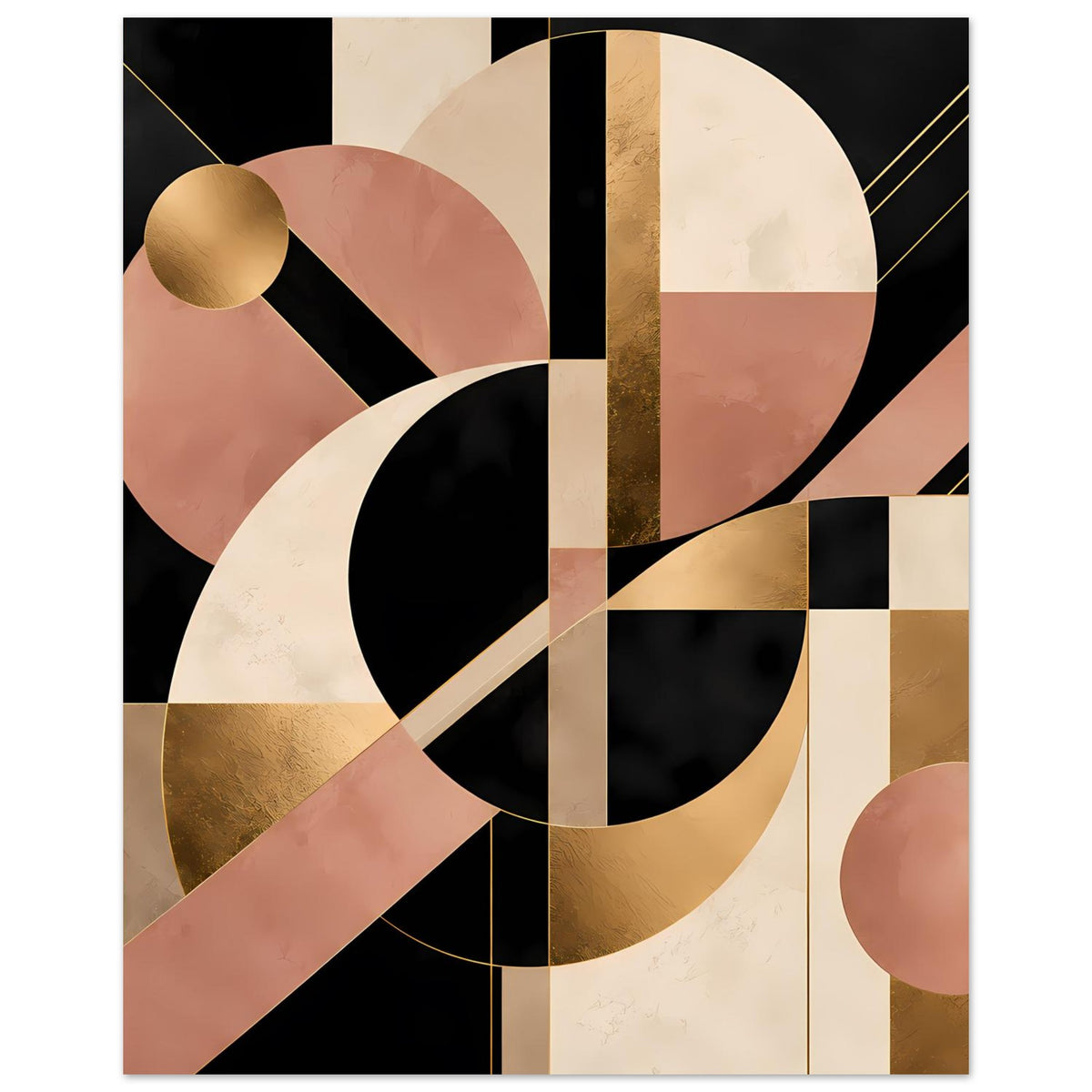 Poster mit geometrischem Muster: Kreisbögen, Rechtecke und goldene Akzente in Schwarz-Blush
