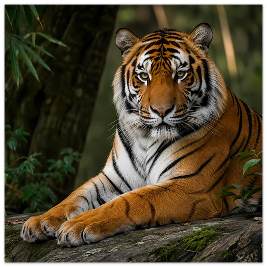 Quadratisches Tigerporträtposter: liegender Tiger mit orange-schwarzem Fell und Blick in die Kamera