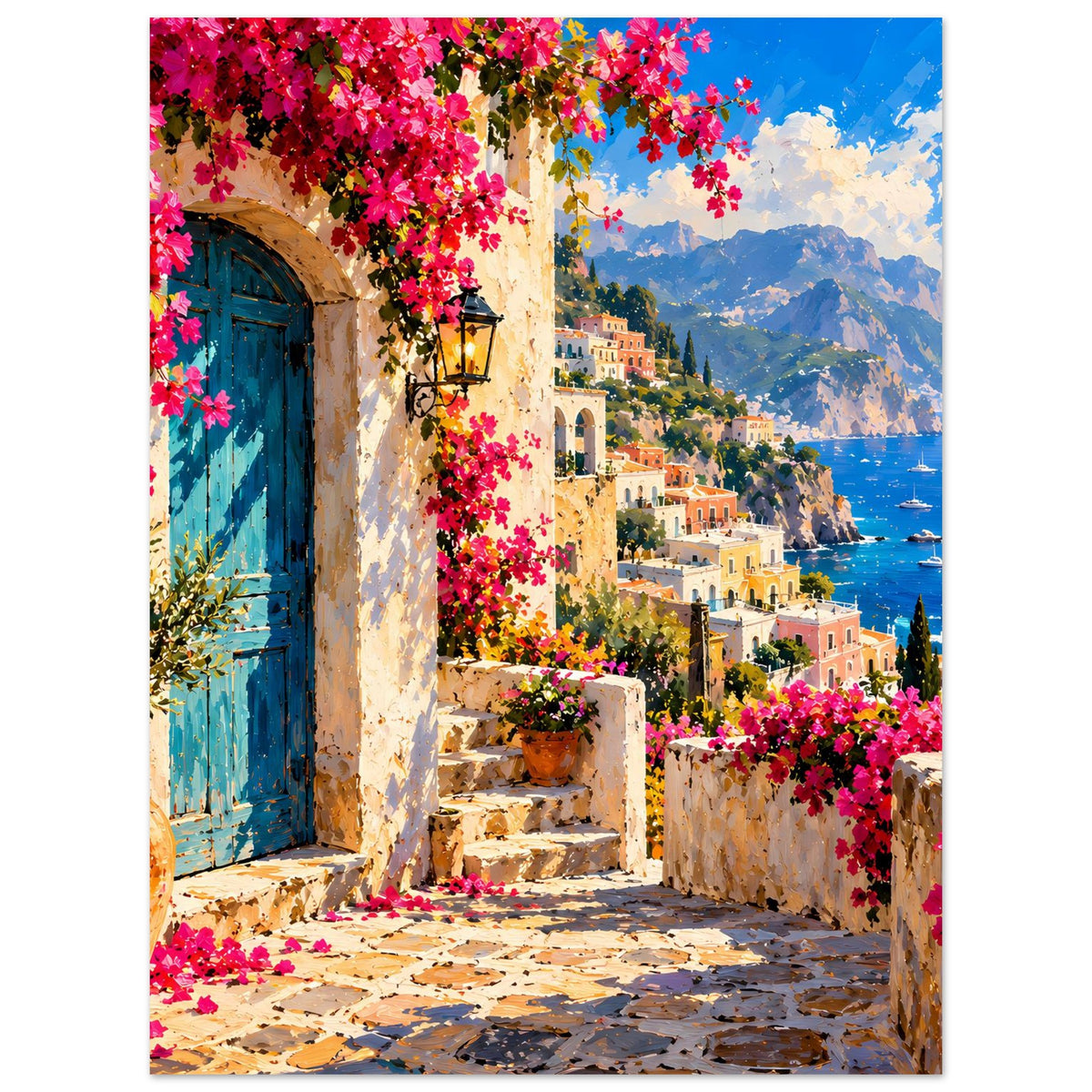 Hochformat-Poster mit Treppenstufen, pinken Blüten über Steinmauer und türkisblauem Meer