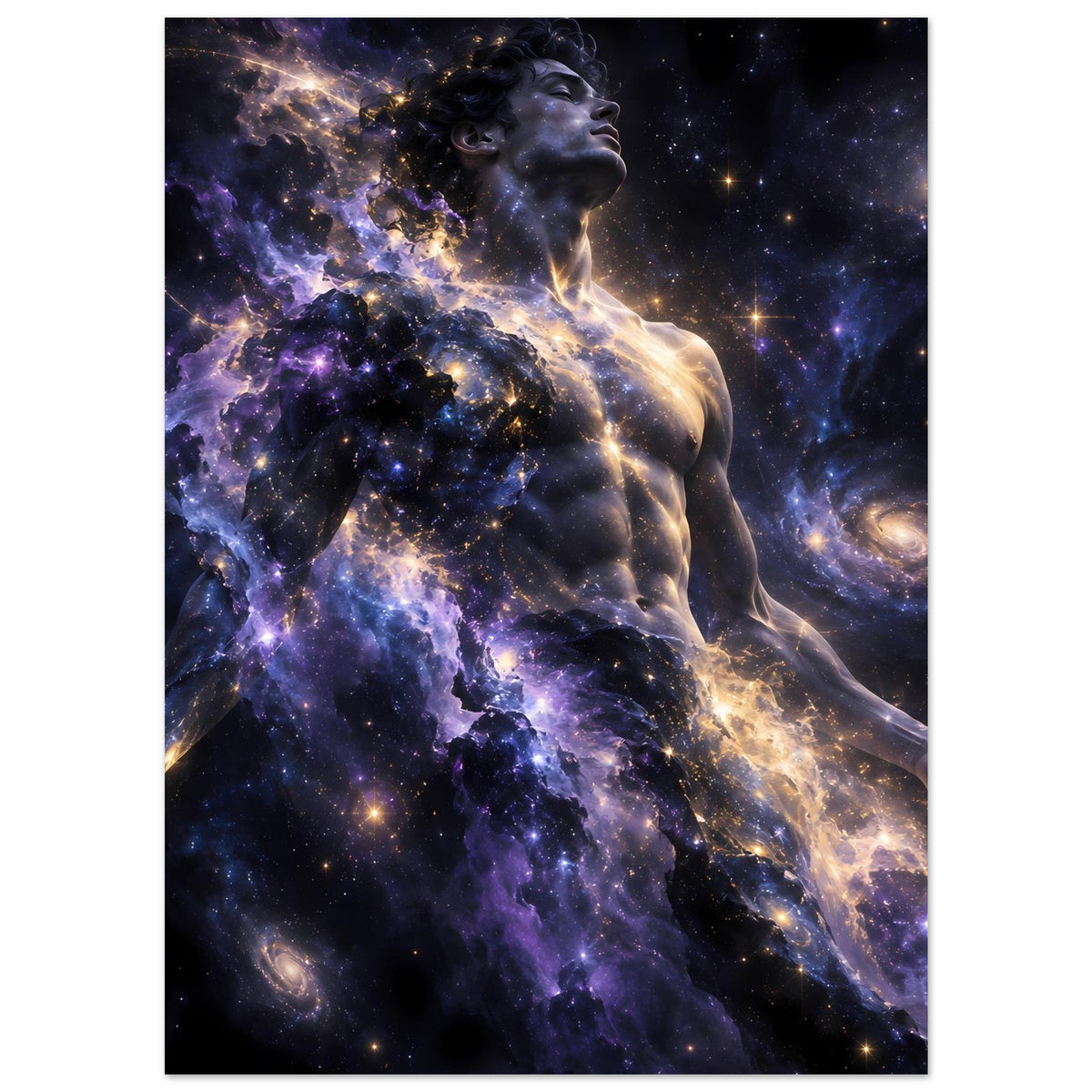 Galaxienposter im schwarzen Rahmen: aufgerichtete Menschfigur, violett und gold leuchtende Sterne