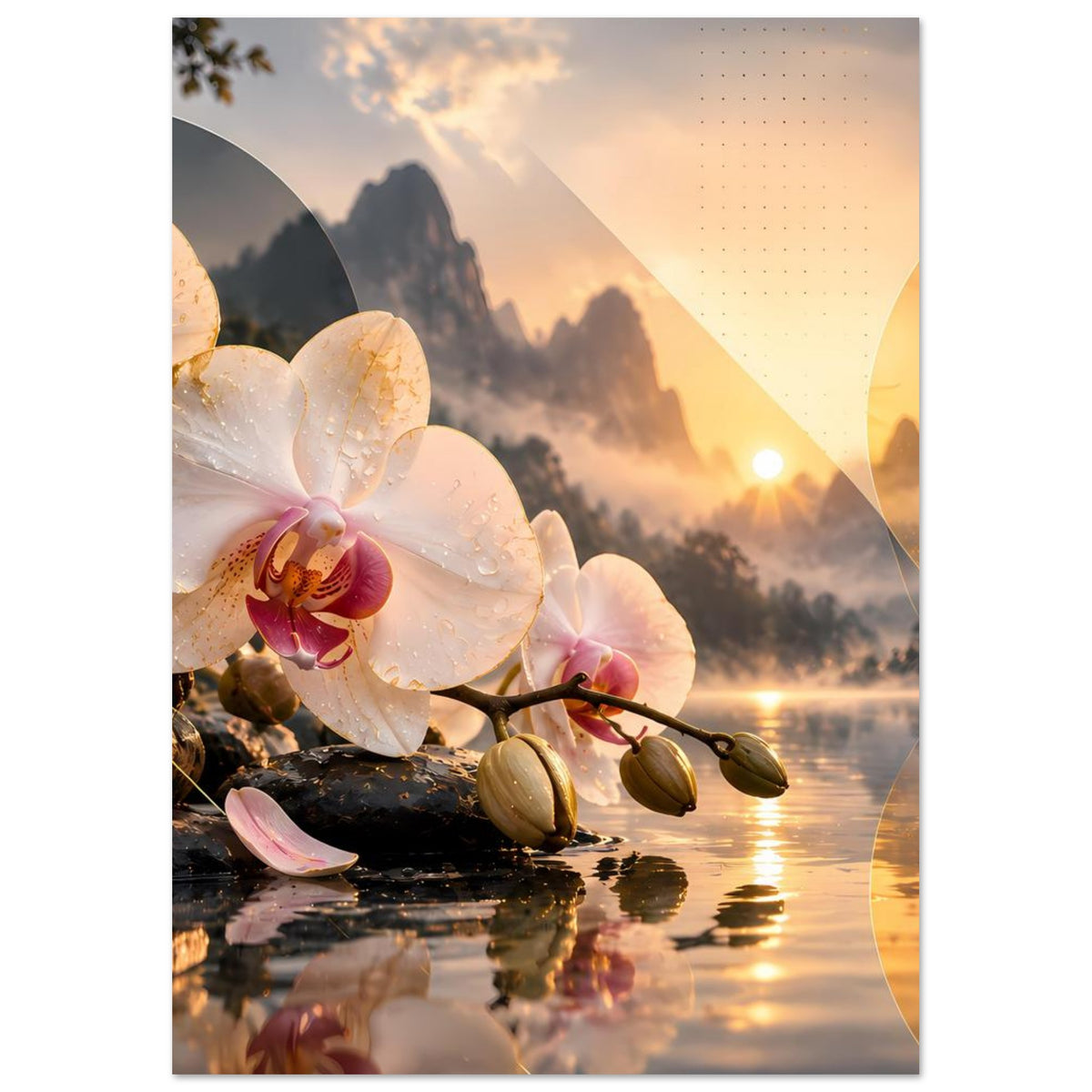 Vertikales Blumenposter mit Orchideenblüten, Seereflexionen und warmen Farben des Sonnenuntergangs
