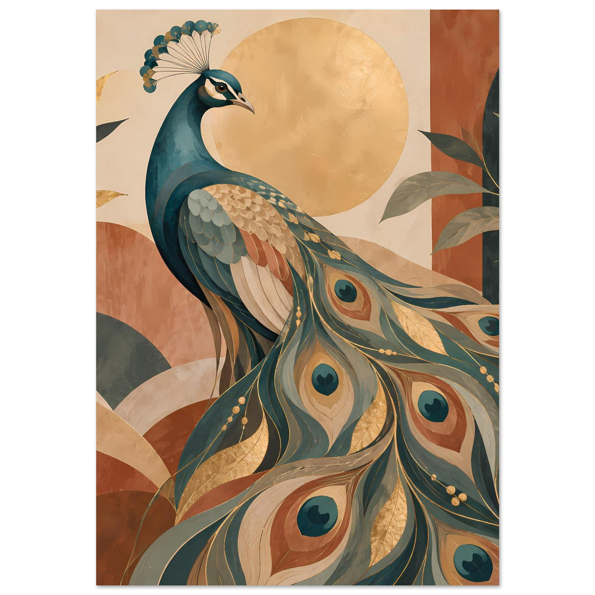 Pfau-Poster: blauer Pfau mit Pfauenaugen und goldenen Linien, warmes Erdtöne-Design