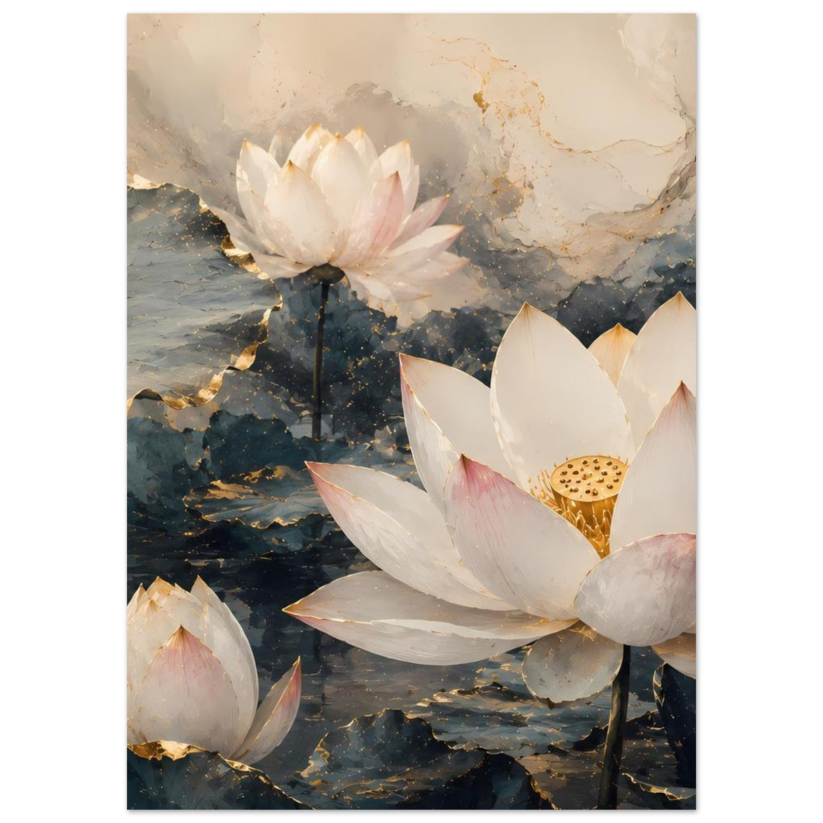 Lotusblumen-Poster mit weißen Seerosenblüten und goldener Blütenmitte auf dunklem Stiel