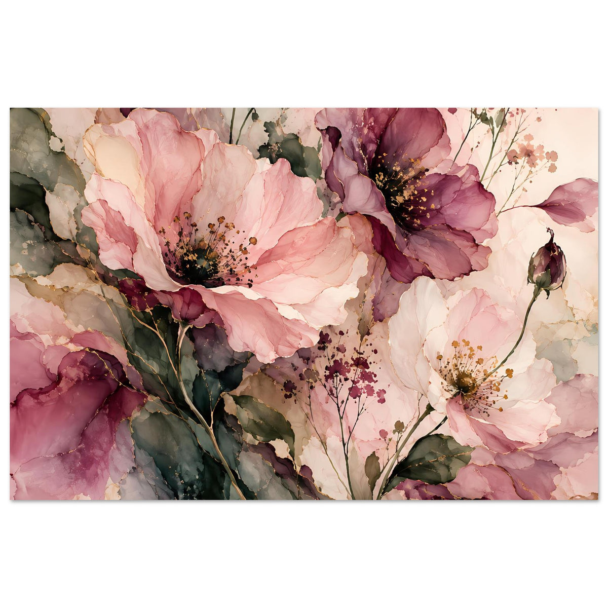 Breites Blumenposter mit rosa, bordeauxroten und weißen Blüten im Detail, inkl. grüner Blattakzente