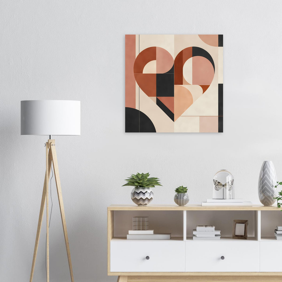 Wandposter mit geometrischem Herz aus terrakotta- und rosafarbenen Formen