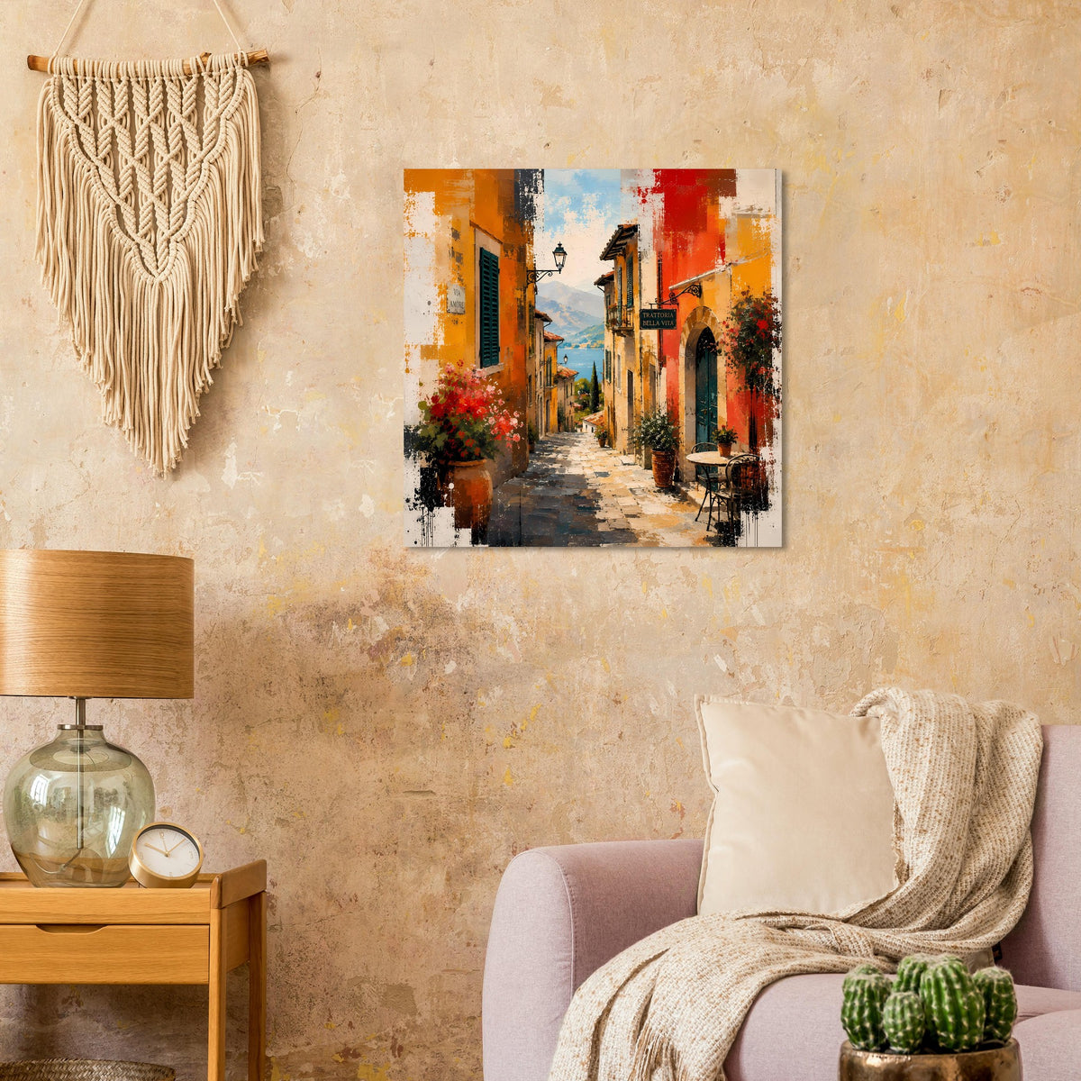 Poster im mediterranen Stil mit Gasse in warmen Orange- und Rottönen