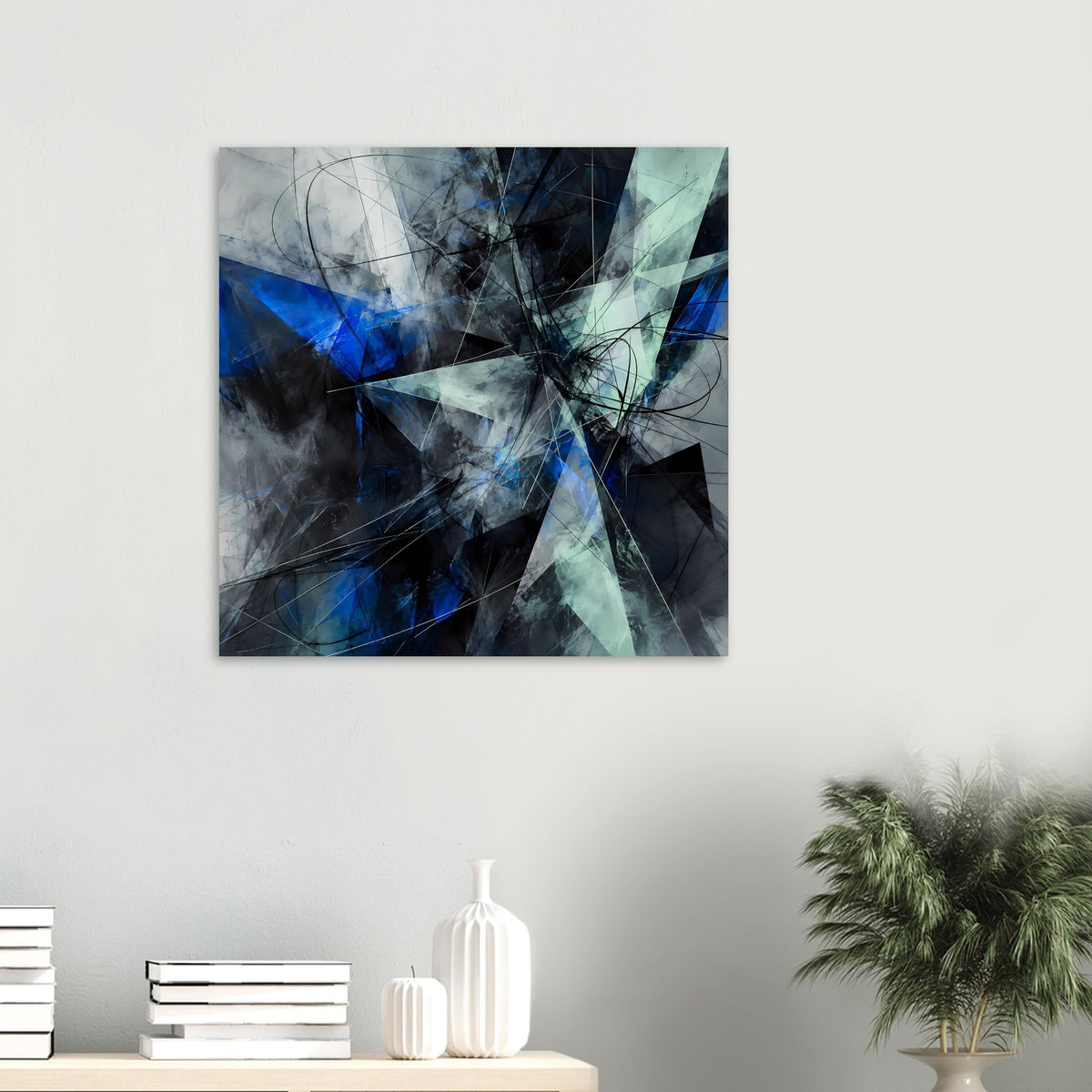 Kleines, quadratisches abstraktes Poster, Blau, Türkis, Grau und Schwarz