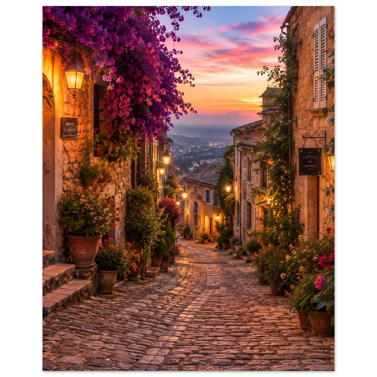 Dorfstraßen-Poster: enge Gasse bei Sonnenuntergang, Laternenlicht, violette Blumen