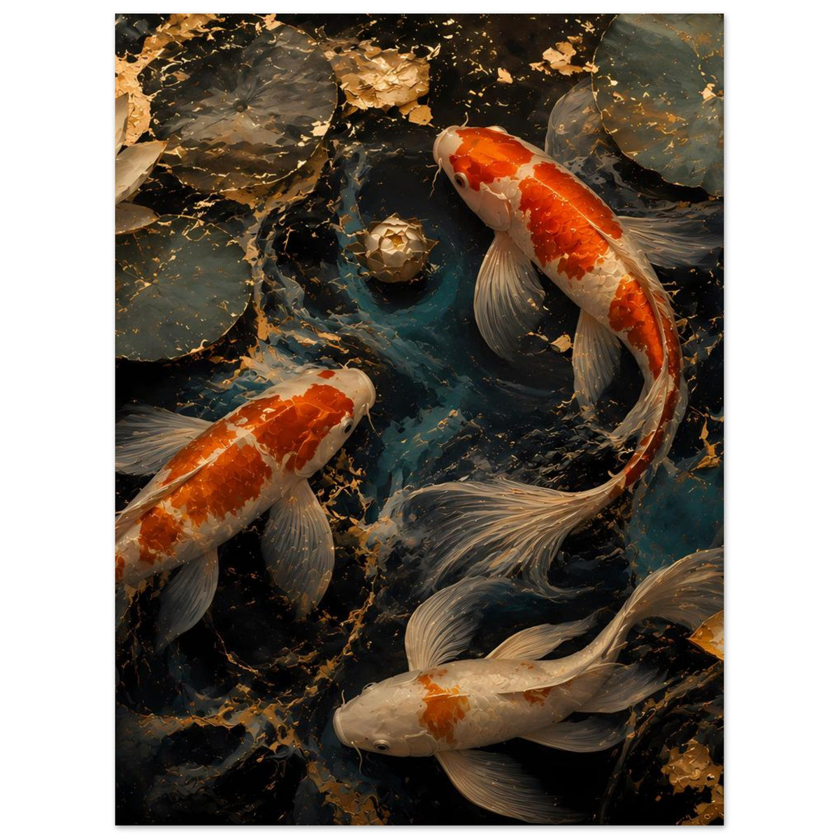 Kunstposter mit Koi-Fischen im Teich, orange-weiße und graue Tiere vor Steinen