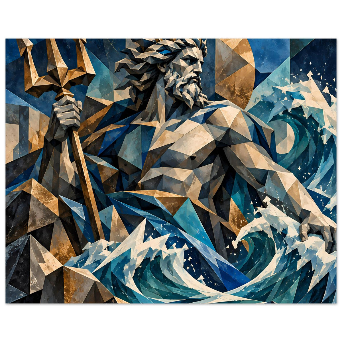 Geometrisches Poseidon-Poster: bronzefarbener Dreizack, Gesicht aus Polygonen, Blautöne und Goldakzente.