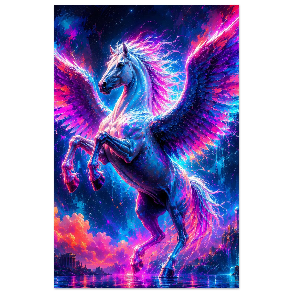 Leuchtendes Pegasus-Motivposter im Hochformat mit ausgebreiteten Flügeln in Neon