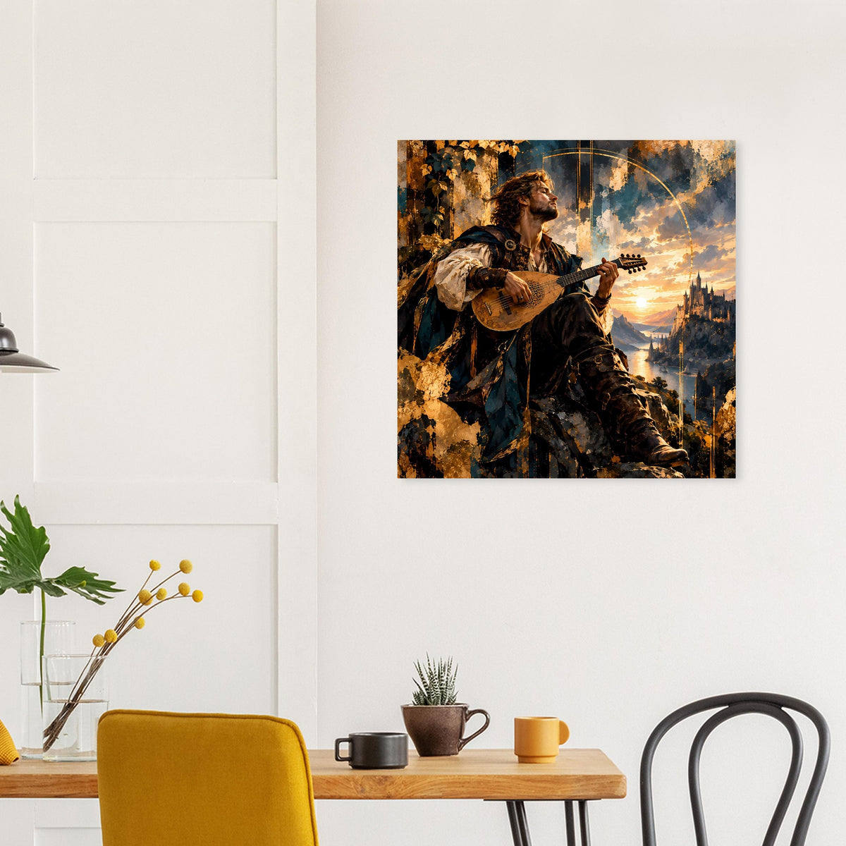 Fantasy-Barden-Poster mit Gitarrist vor Sonnenuntergang, quadratisch