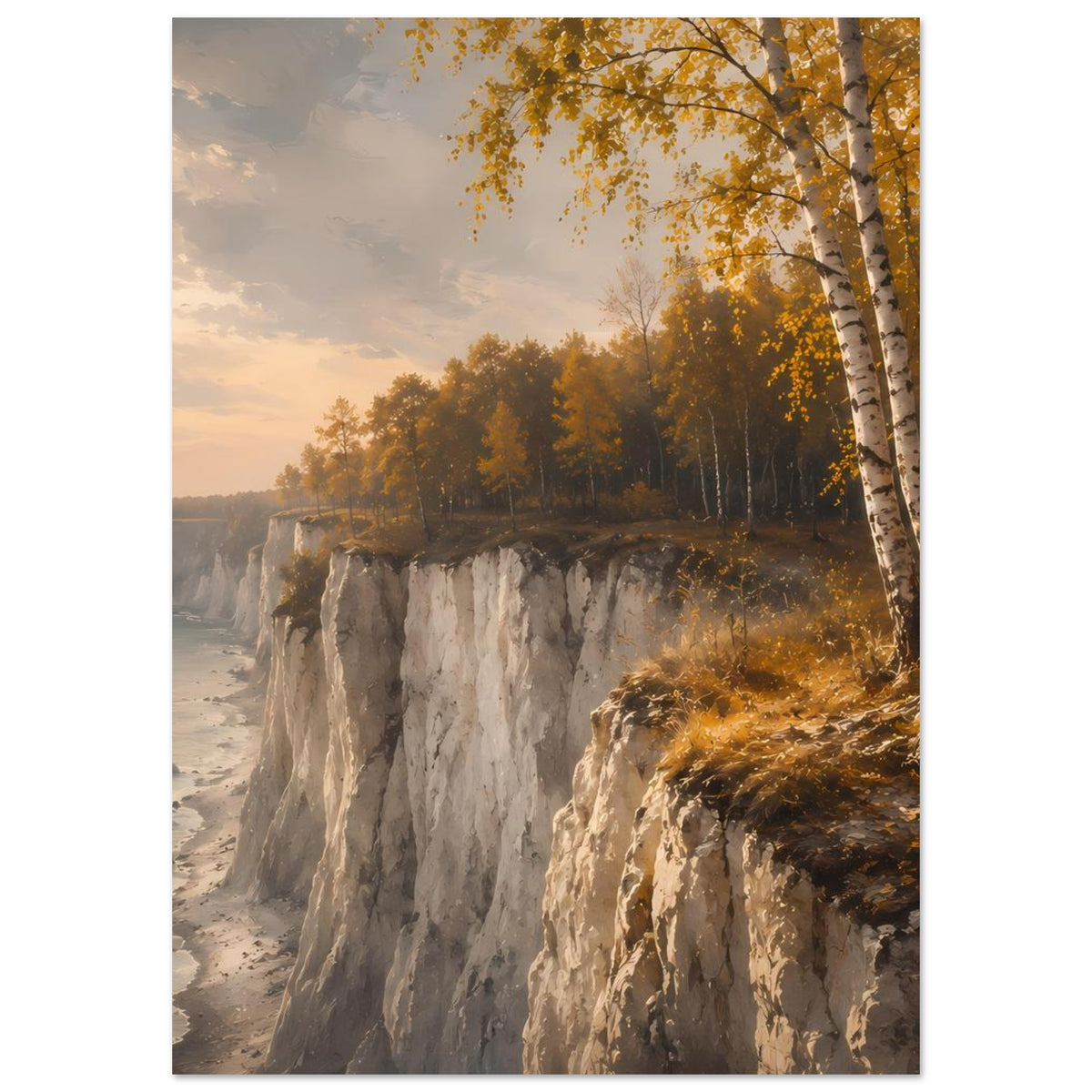 Herbstliches Küstenlandschafts-Poster mit Klippen, Strand und Birken, Hochformat