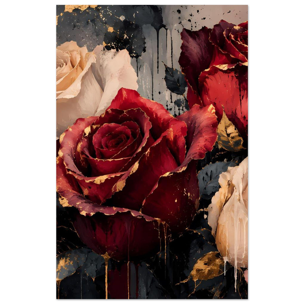 Kunstposter im Hochformat: Bordeauxrose mit cremefarbenem Rosenkopf