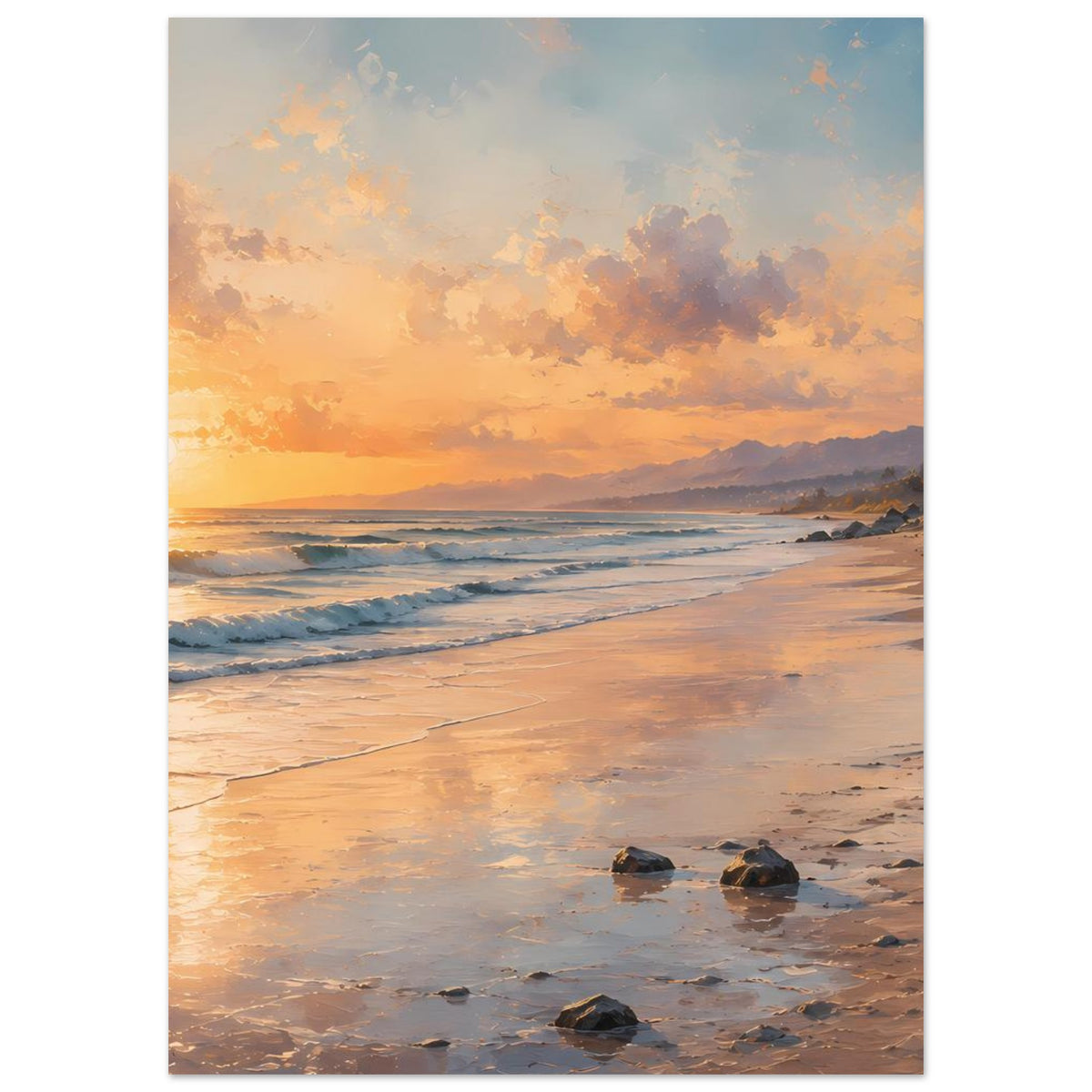 Strandposter auf mattem Papier, vertikal: Strand bei Sonnenuntergang mit sanften Wellen.