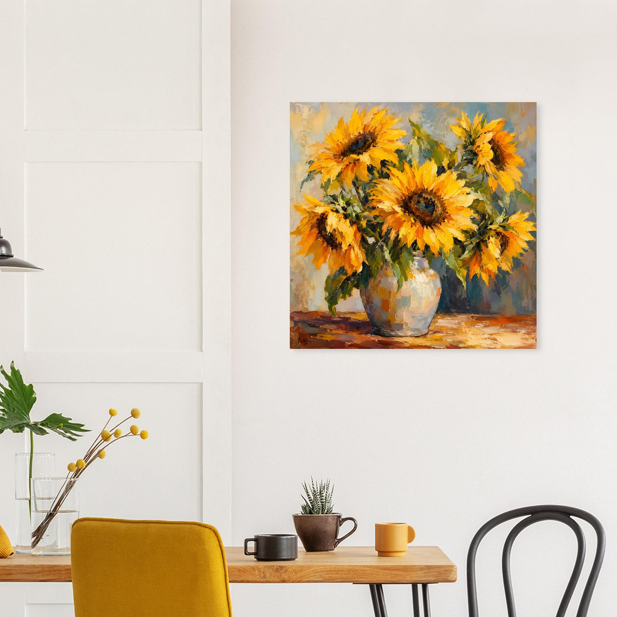 Still-Life-Poster mit gelben Sonnenblumen in blauer Vase, zentriert, auf mattem Premiumpapier