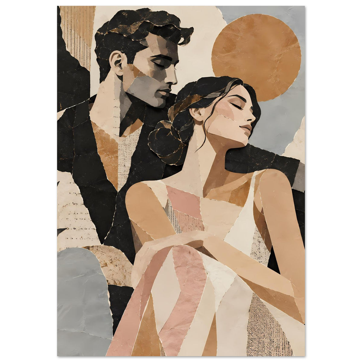 Kunstposter im Hochformat mit abstraktem Paarmotiv, Erdtöne, Beige und Schwarz