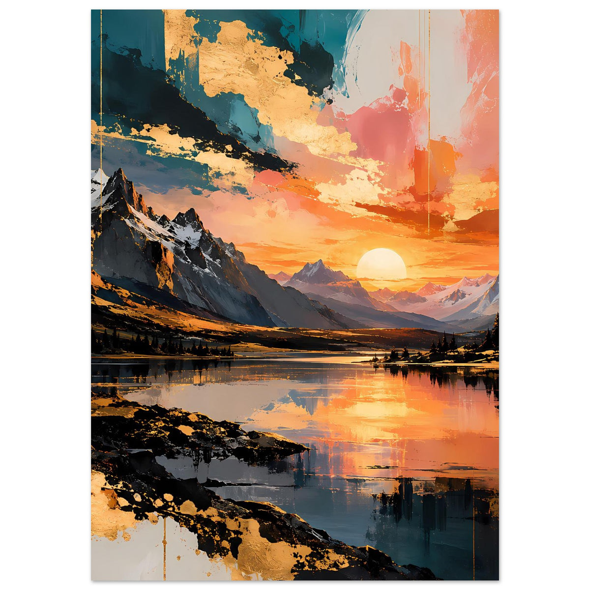 Poster im Hochformat: Bergspitzen, See mit Reflexion und untergehende Sonne, orangefarbener Dunst