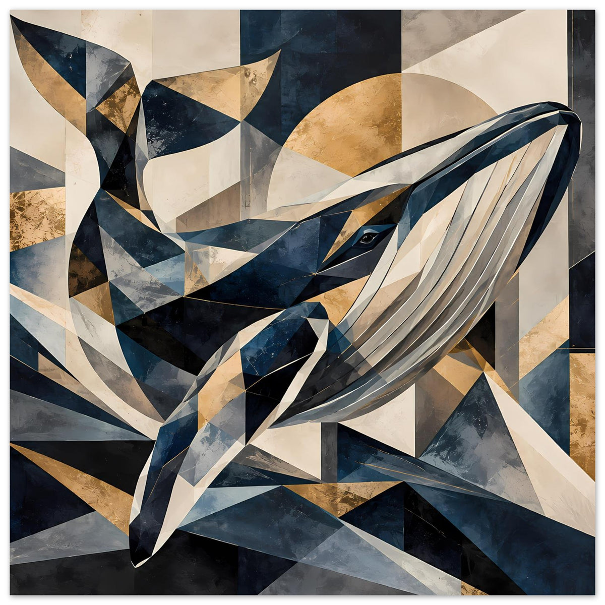 Kunstposter mit geometrischem Wal-Motiv in Blau- und Goldtönen, horizontal