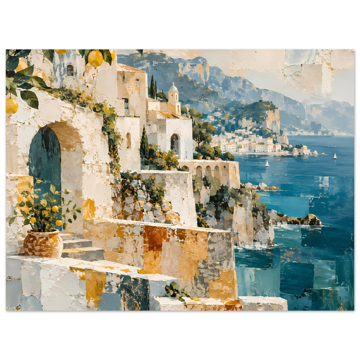Kunstposter mit Blick vom Balkon: Ockerwände, Begrünung und tiefblaues Meer