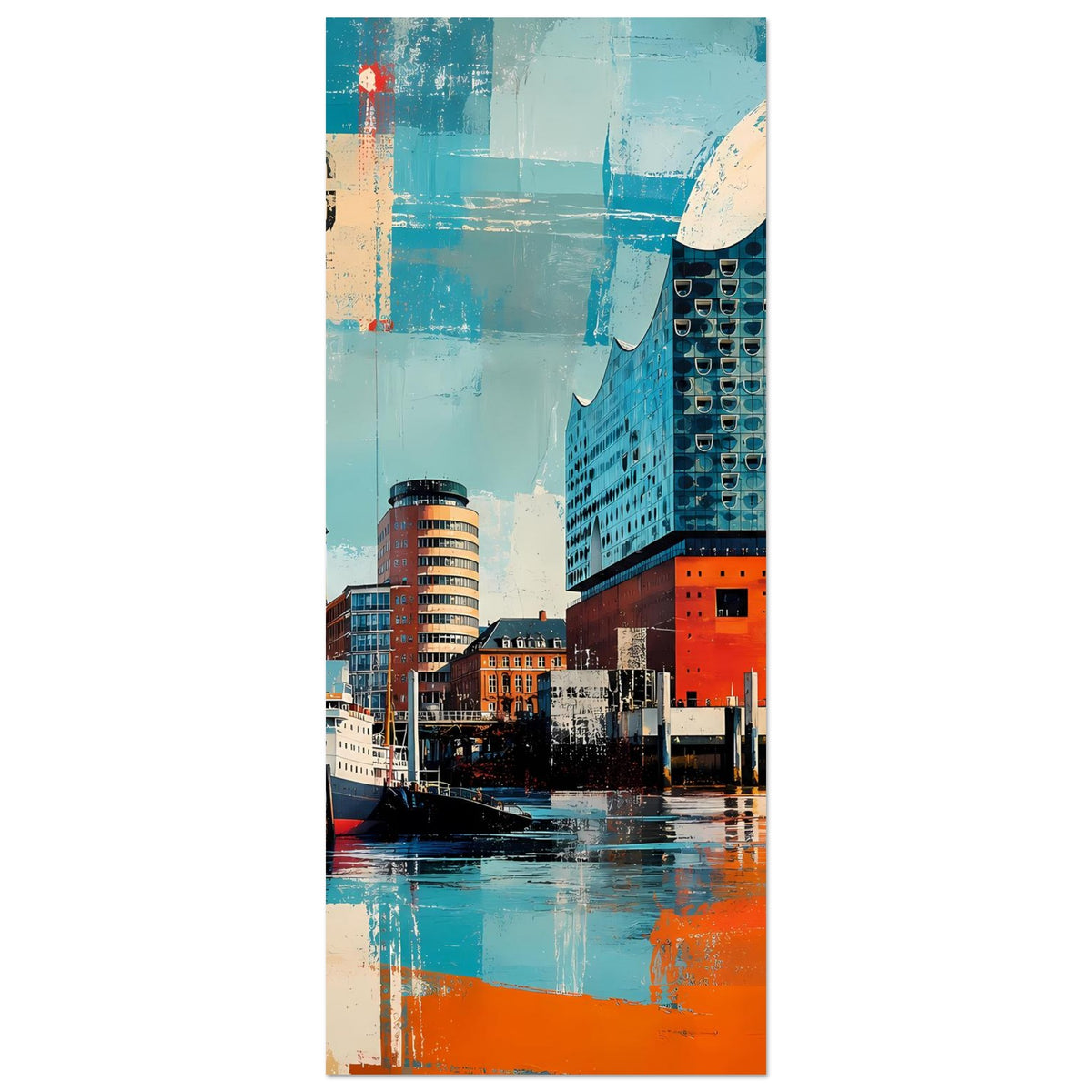 Vertikales Hamburg-Poster mit Elbphilharmonie und Hafen, türkis mit orangefarbenen Akzenten