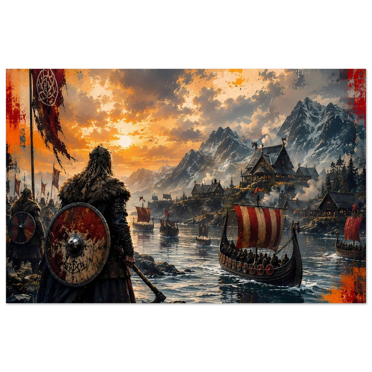Wikinger-Saga-Poster: Wikingerkrieger links, Schild, Langschiff rechts und Fluss im Dämmerlicht.