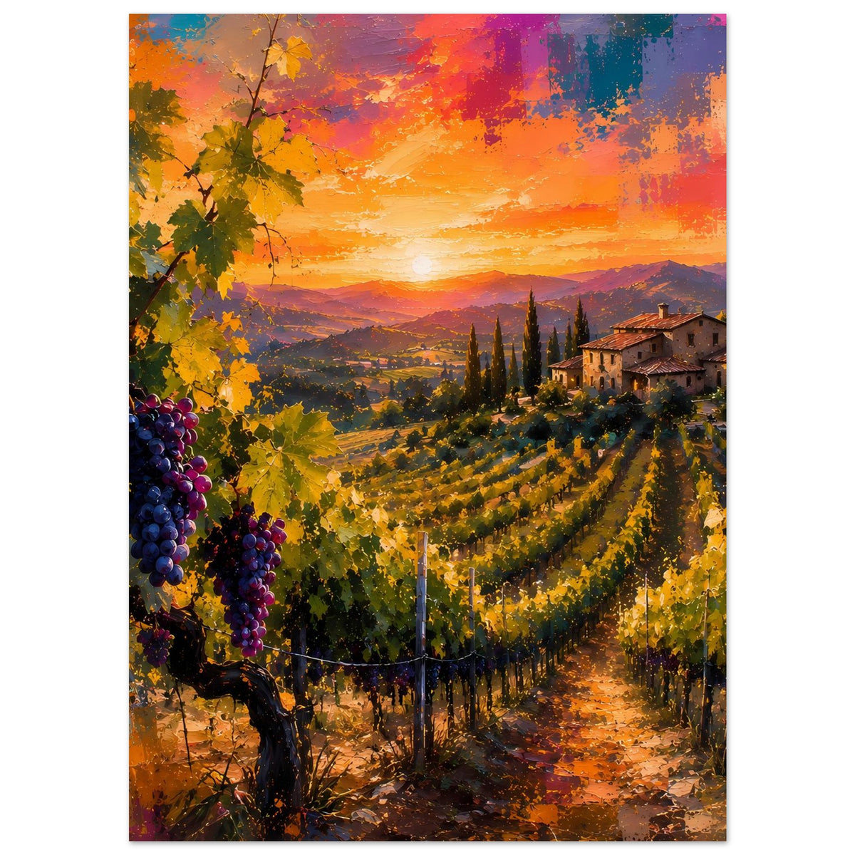 Weinberg-Poster mit Trauben links und dunklen Zypressen, Landhaus rechts, Himmel im Sonnenuntergang
