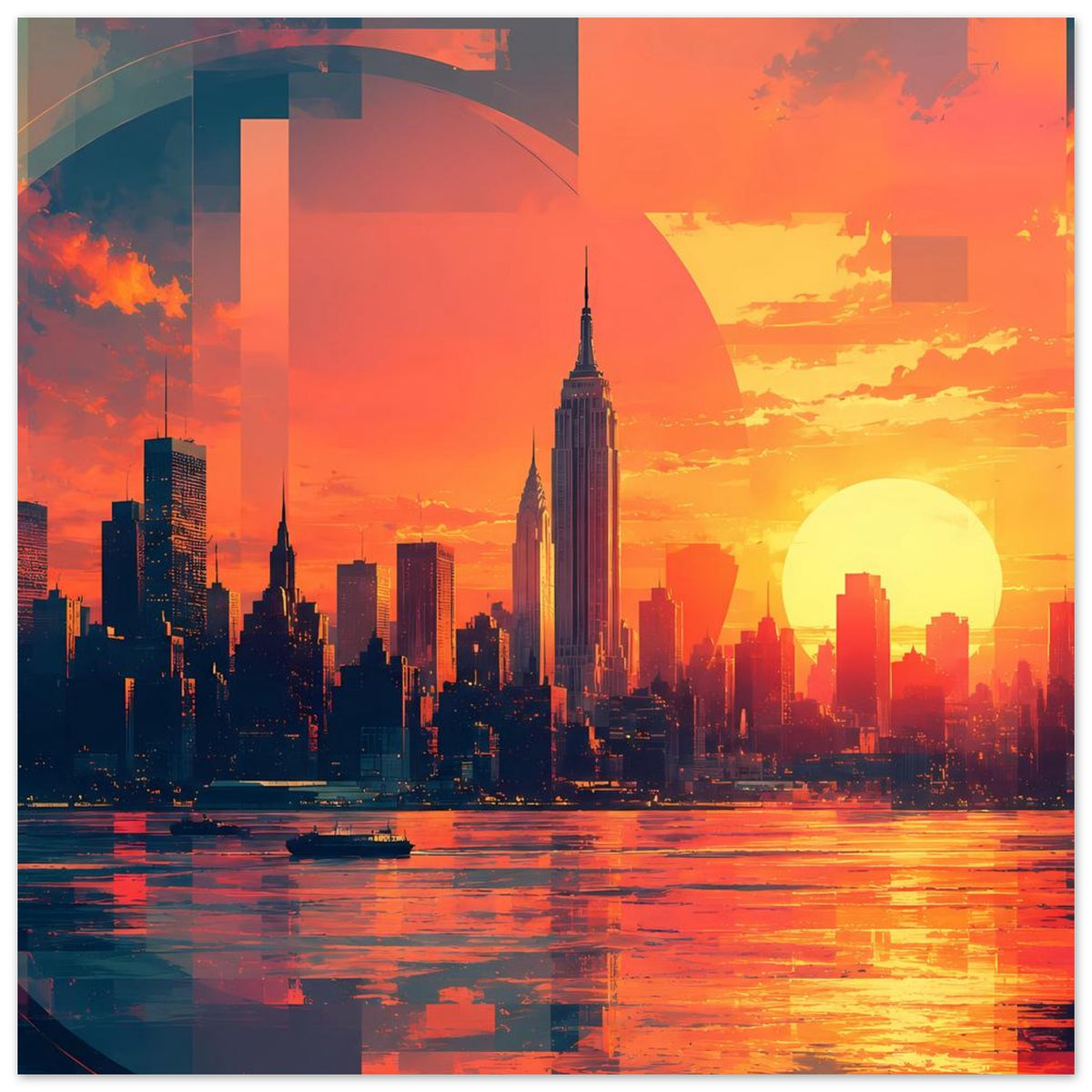 Horizontales Skyline-Poster mit Sonnenuntergang, bogenförmige geometrische Formen links
