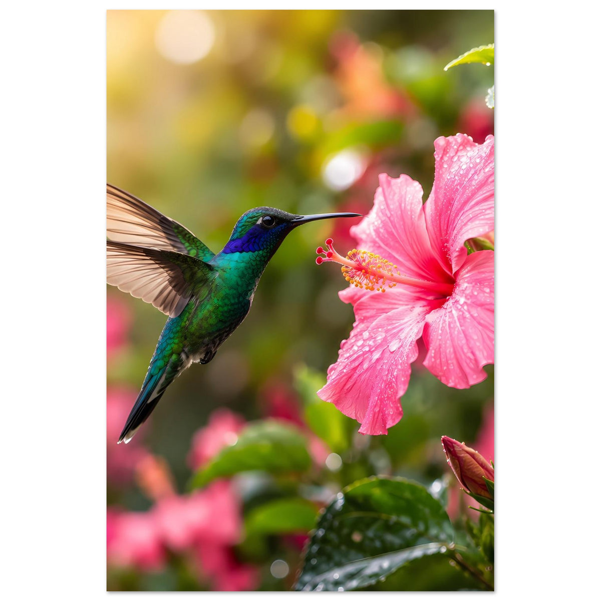 Hochkant-Naturposter mit Kolibri im Flug und pinker Hibiskusblüte, Blätter im Bild