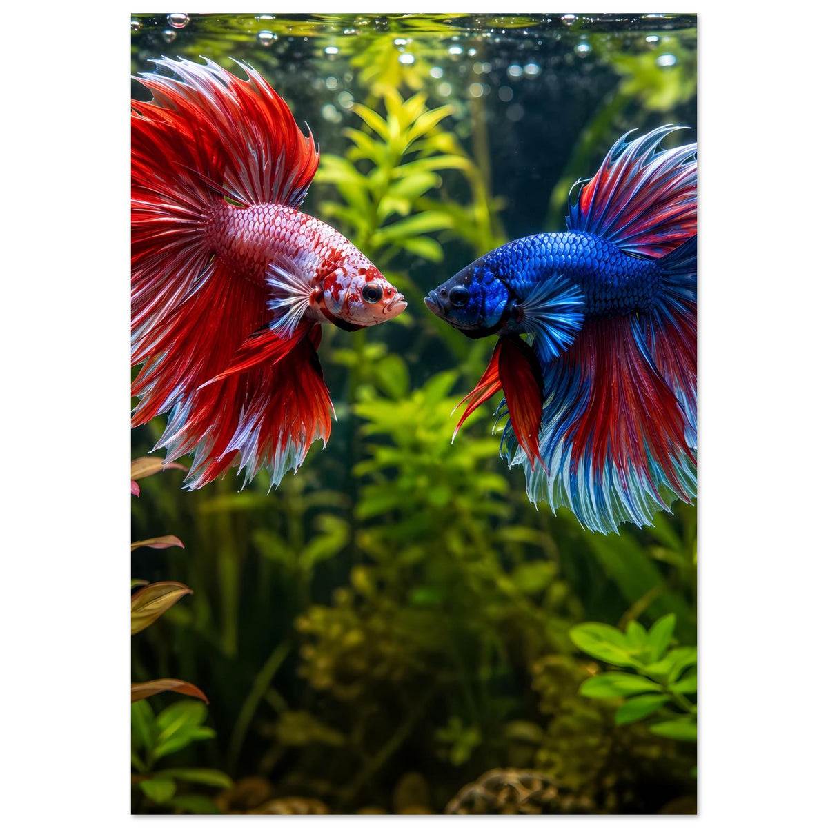 Poster im Hochformat mit rotem Betta und blauem Betta, Blick nach vorn, umgeben von Grün