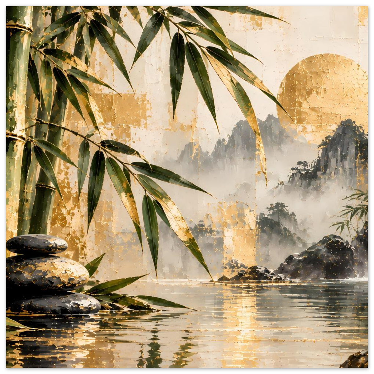 Poster mit Bambuszweigen, Wasserfallnebel im Hintergrund, dunkle Steine vorn und goldene Spiegelung