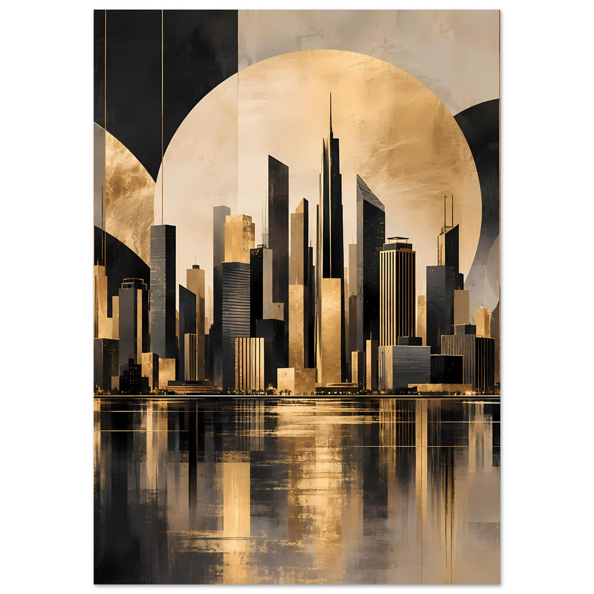 Vertikales Stadtposter mit goldschwarzer Skyline, goldenem Kreis und Reflexion