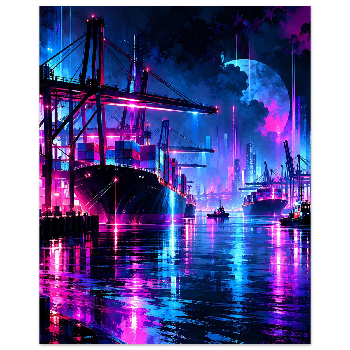 Neon-Hafen-Nachtposter mit Hafenkränen, Brücke und mondhellen Wolken über spiegelndem Wasser