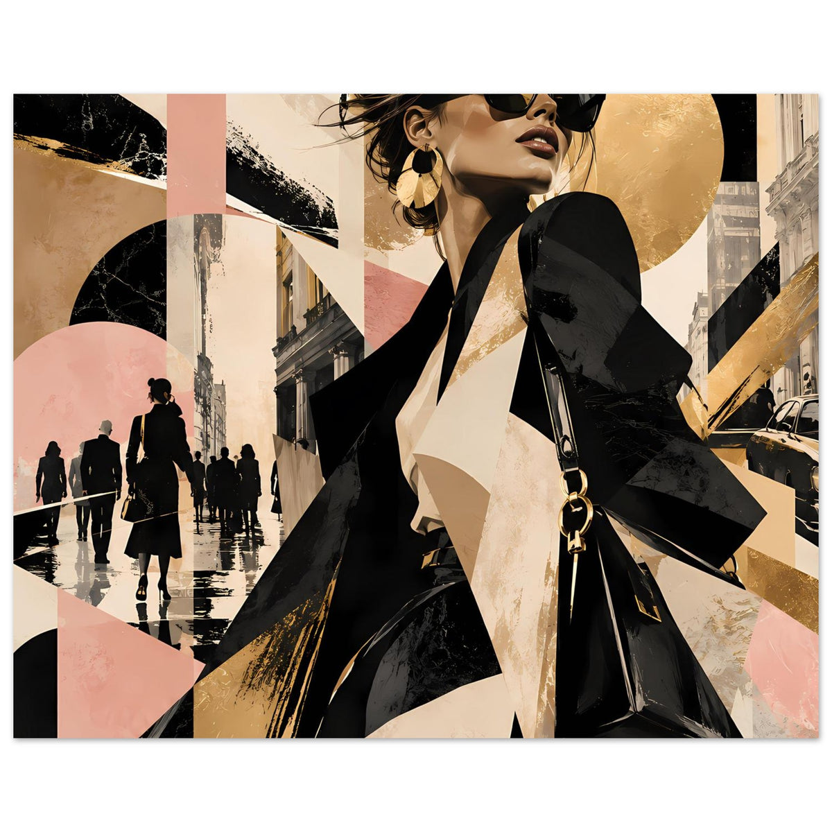 Wandposter im modernen Look mit stilisierter Frau, Sonnenbrille und schwarzer Tasche