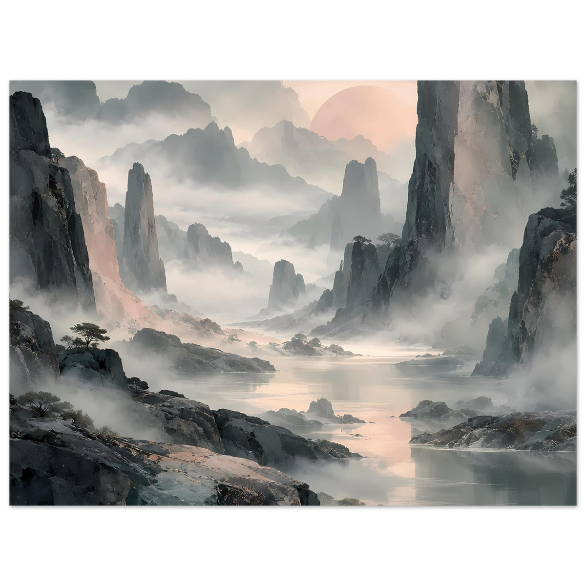 Horizontales Poster mit nebliger Berglandschaft, Wasserbecken und Pastellsonnenuntergang, Felsen links