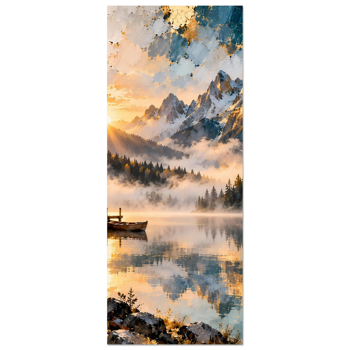 Vertikales Poster: Alpenberge und Bergsee, Sonnenaufgang, Tannen, Steg am Ufer