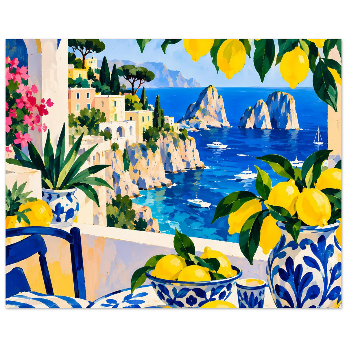 Poster mit gelben Zitronen und Keramikgefäßen, mediterranes Ufer, blaues Wasser und Schiffe