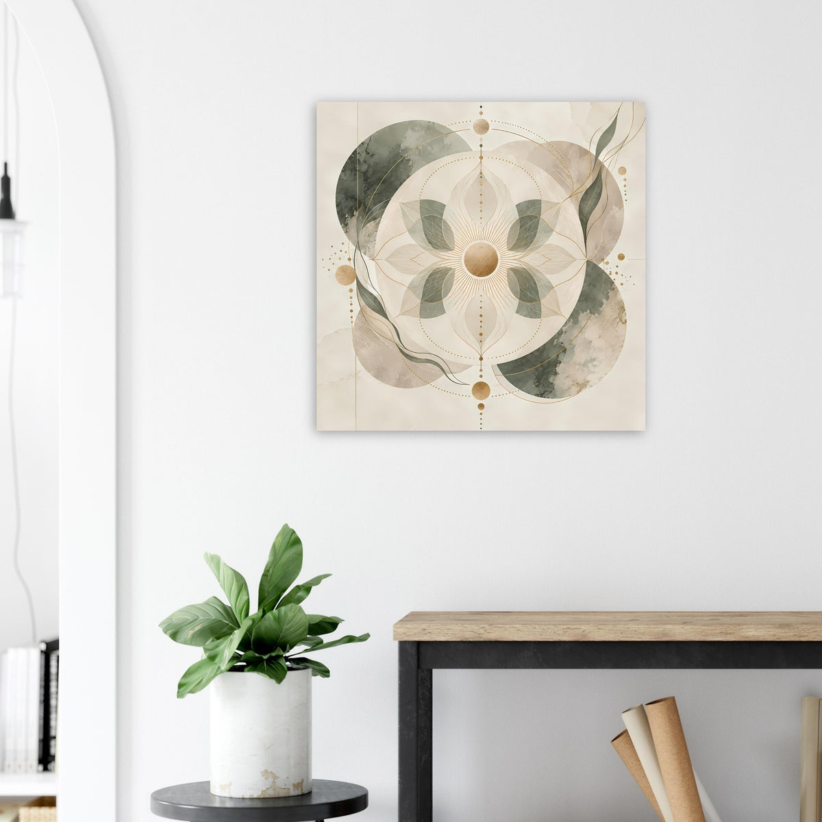 Quadratisches Mandala-Poster: Beige und Grün mit feinen goldenen Linien und Punkten