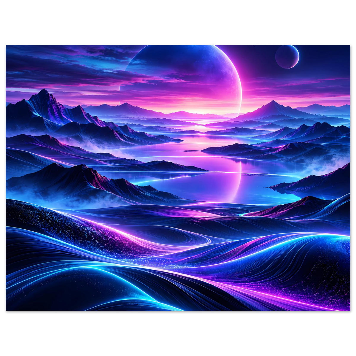 Neon-Weltraumposter im Querformat, große Planetenkugel und Neon-Lichtspuren über Tälern