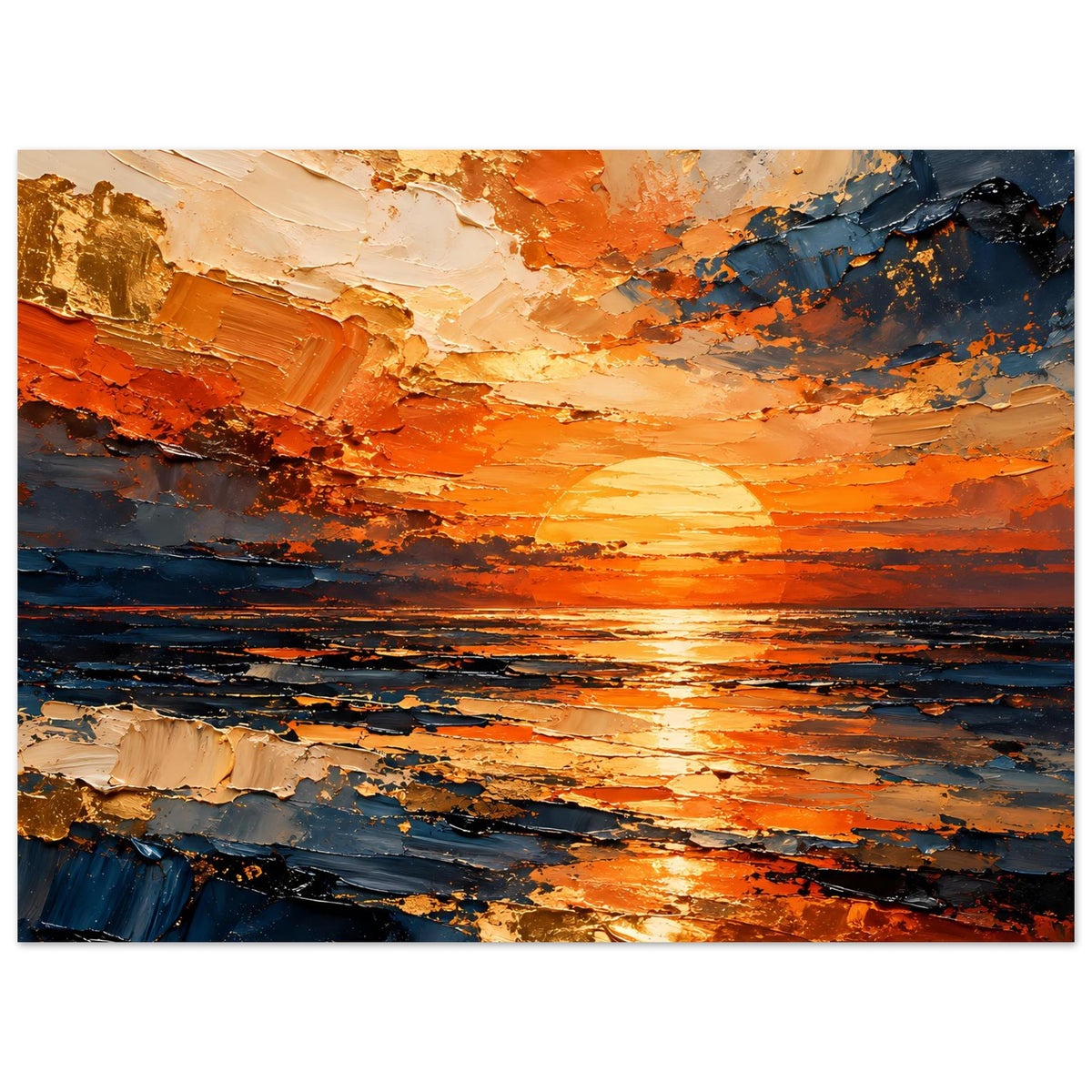 Abstraktes Ozean-Poster mit leuchtendem Horizont, orange-blauen Pinselstrukturen
